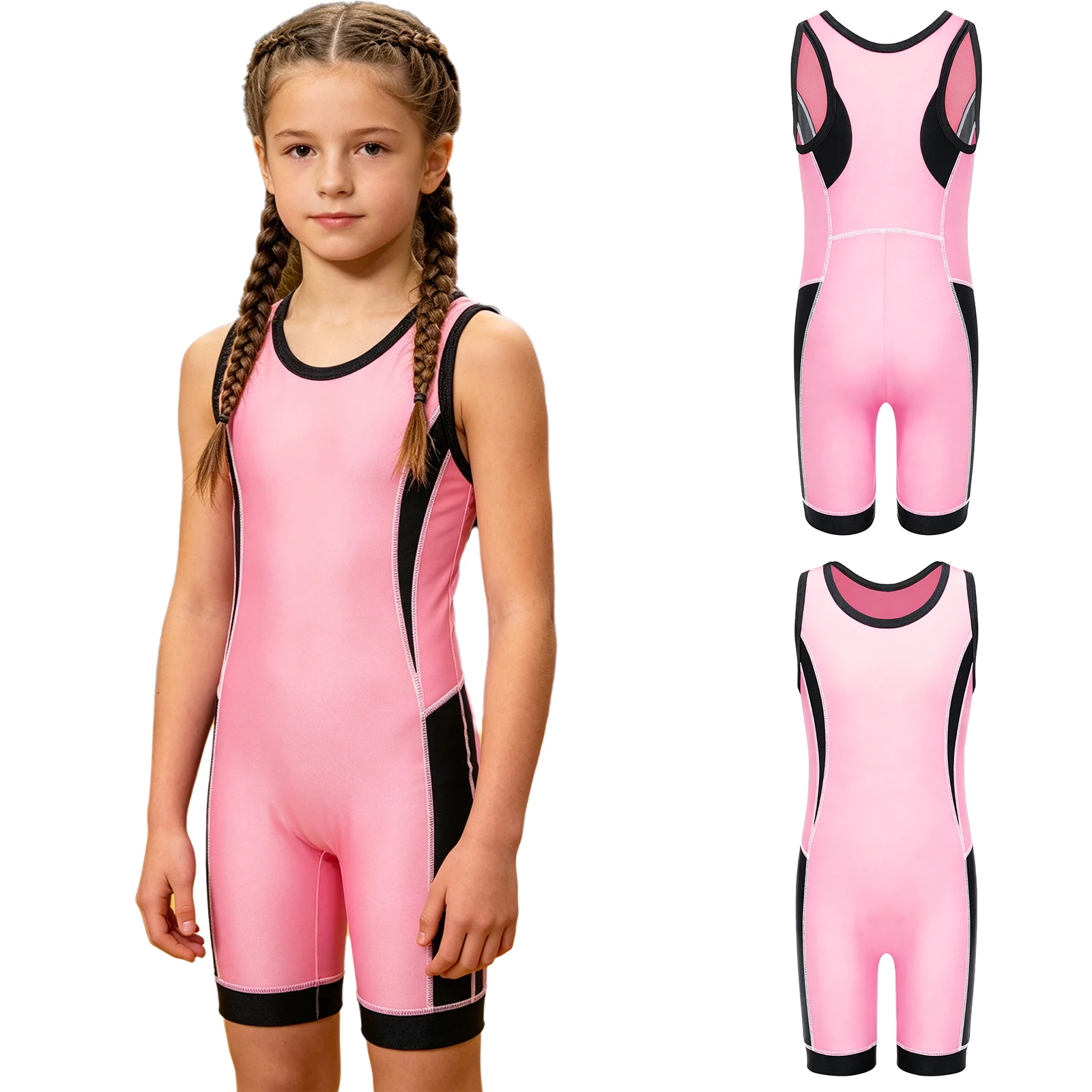 Kinder-Ringertrikot für Jungen und Mädchen, farbblockiert, schnelltrocknend, ärmellos, Oberschenkel-lange Bodysuit für Sport, Training, Übungen und Radfahren – Detail 15
