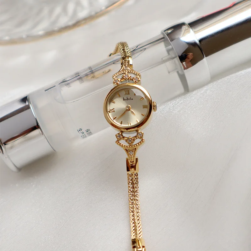 Vintage Fine chain mini quartz wristwatch Copper in 18k gold Round waterproof ladies watch bracelet ring top gift clock reloj