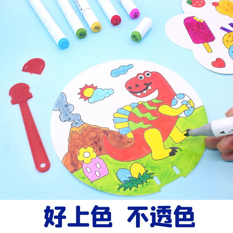 Handmade graffiti fan DIY toys for boys and girls Hand-painted blank paper fan painting cartoon painted white card coloring toys