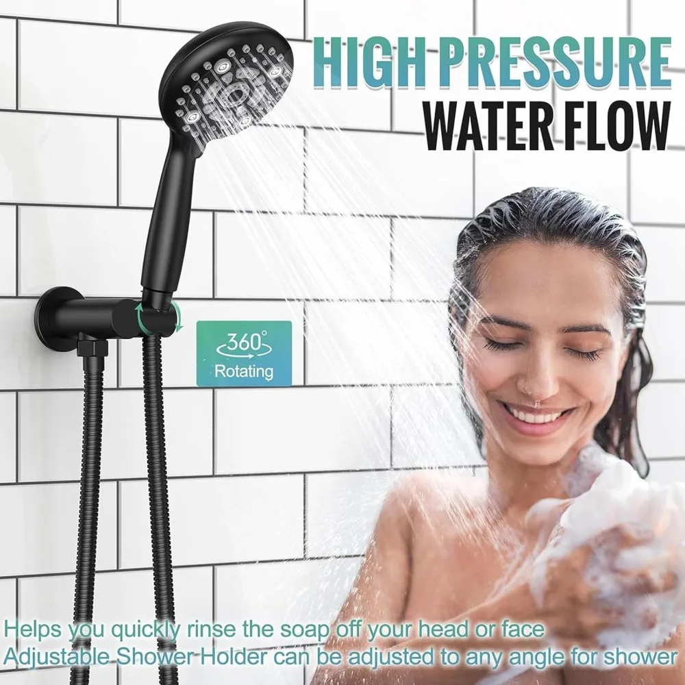 Black Shower System Rain Shower Faucet Set - 6 Setting High Pressure Handheld Shower Head Fixtures- Valve Included Shower