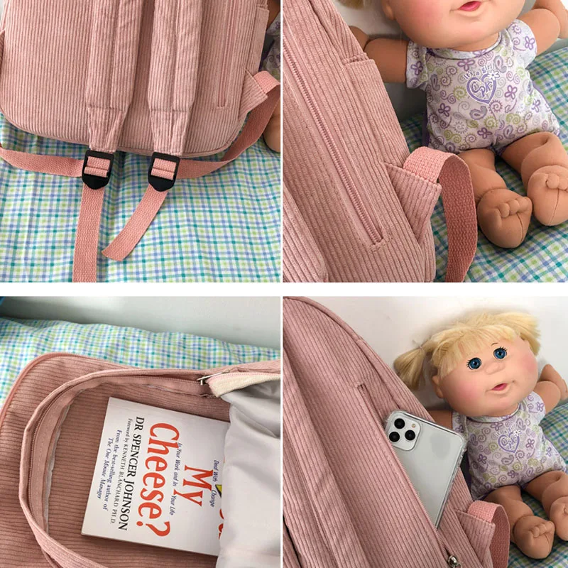 Mochila escolar bonita para adolescentes, bolso de pana a rayas para mujer, mochila Harajuku de algodón con cremallera, mochila de viaje Simple Kawaii, mochila suave sólida