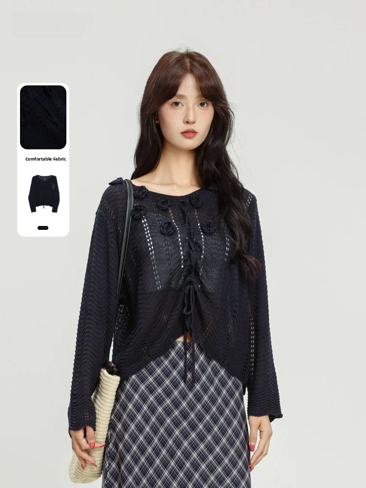 

Свитер Memory's Start с круглым вырезом и ажурным дизайном, повседневный, удобный, женский, с длинными рукавами, трикотажный, для осеннего сезона