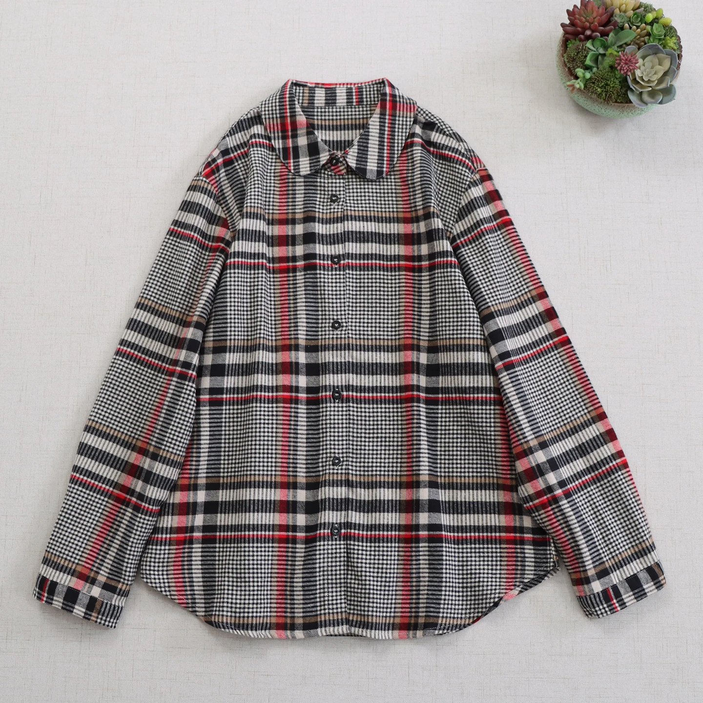 

Spring Autumn Japanese Mori Girl Vintage Plaid Cotton Shirts Women Peter Pan Collar Long Sleeve Preppy Style Casual Blouse Tops