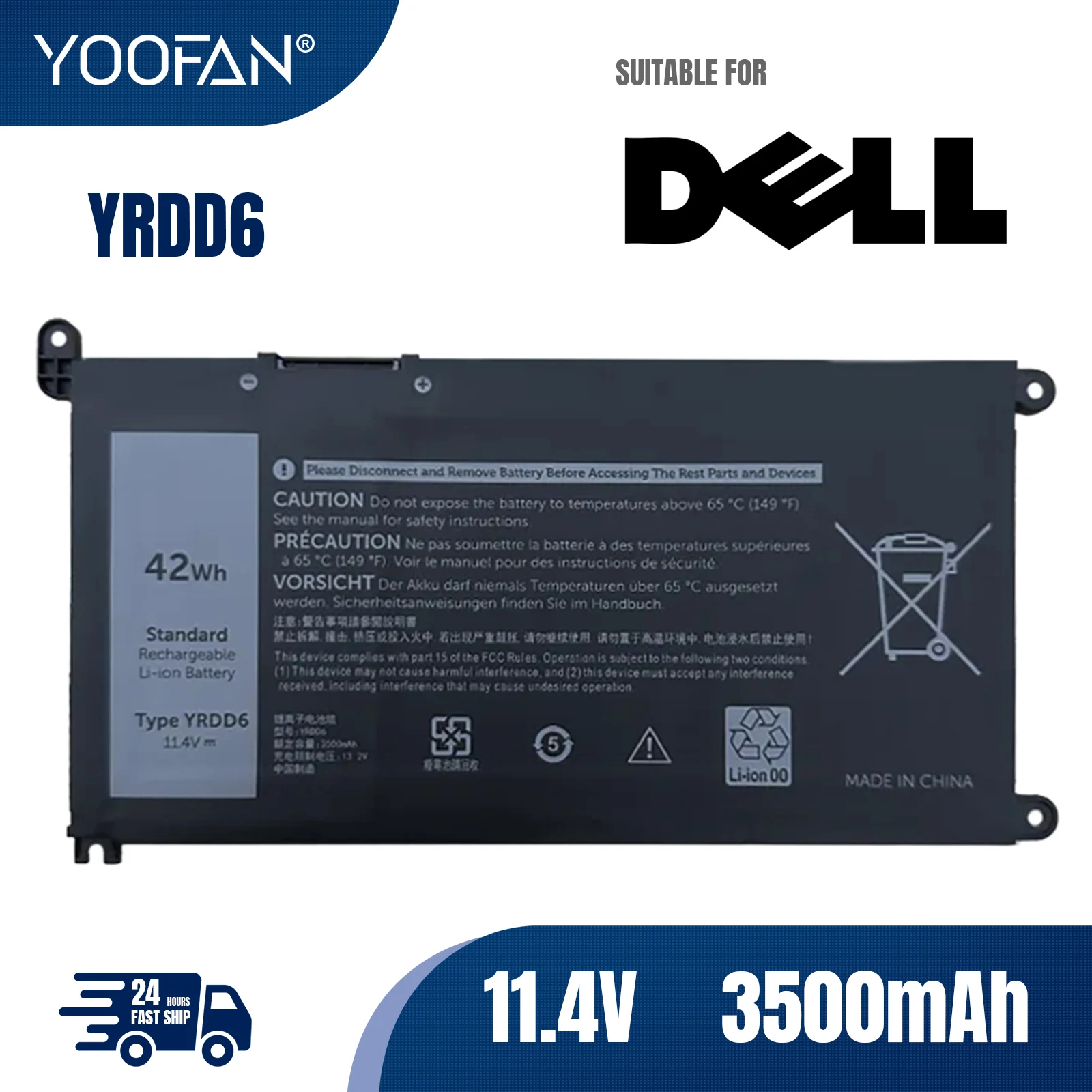 

YOOFAN YRDD6 11.4V 42Wh Laptop Battery For Dell Vostro 3491 3591 3490 3590 3501 Inspiron 5481 5482 5485 5491 5591 5485 5585