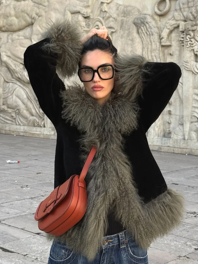 

Fashion Women Faux Fur Patchwork Coat Elegant V-neck Long Sleeve Loose Jackets Casual Lady Autumn Daily Commute Street Outerwear