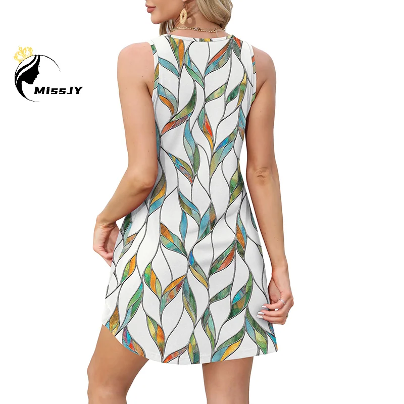 Letnia Nowa Sukienka Bez Rękawów z Kwiatowym Nadrukiem, Okrągłym Dekoltem, Kieszeniami, Długości Midi, Modna Odzież Damska