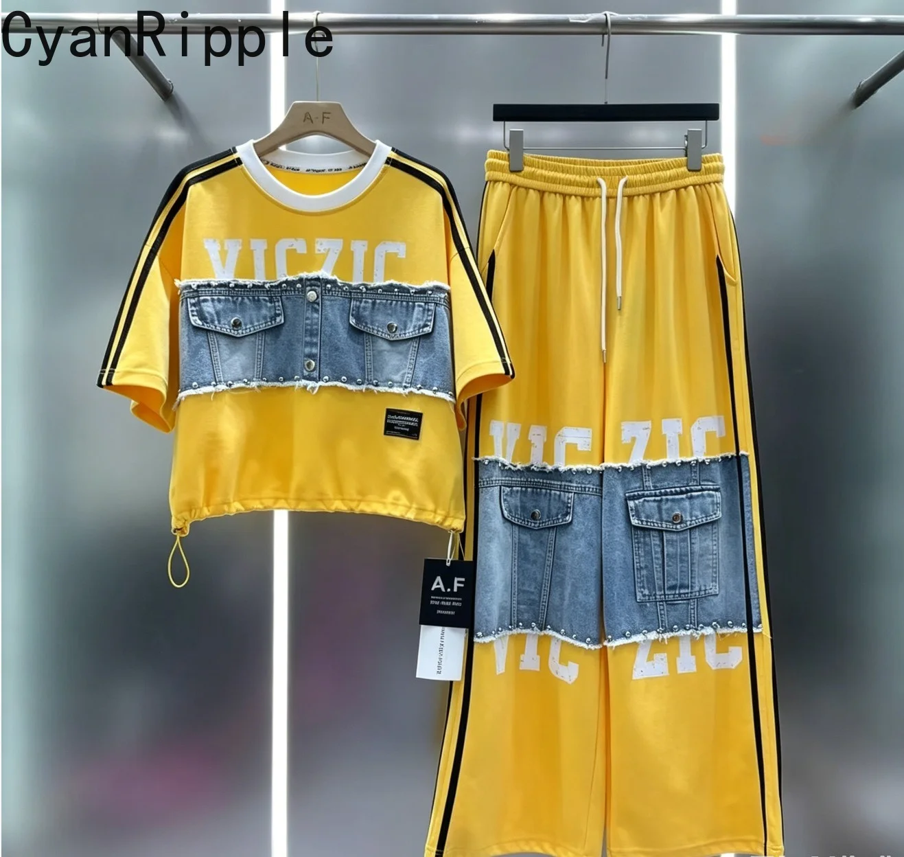 

American Trendy Summer Women Sets Denim Splicing Letters Loose Short Sleeve T-shirt Top Elastic Waist Wide Leg Straight Pants