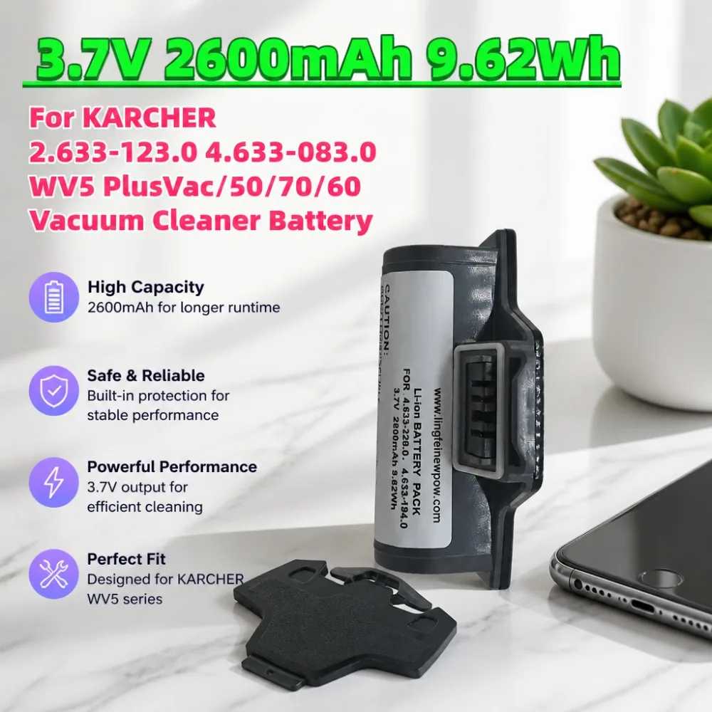 2600mAh Large Capacity 3.7V 9.62Wh Li-ion Battery Pack For KARCHER WV5 PlusVac WV50 WV60 WV70 Window Cleaner Replacement Part