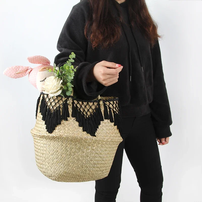 Seagrass Storage Basket Lace Laundry Tassel pendant Basket Natural Rattan Flower Basket Straw Toys storage organizer Black White