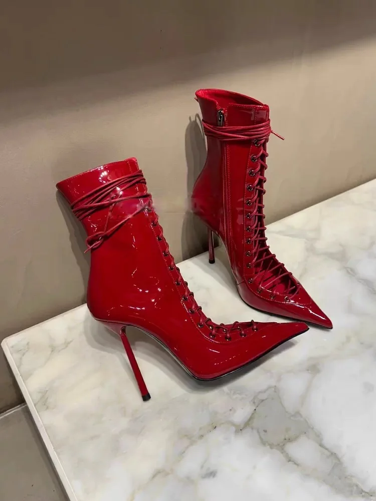 Red Patent Leather Pointed-Toe Lace-Up Ankle Boots Stiletto Heels Sexy High-Heeled Fashion Booties Cutout Details Mid-Calf Boots