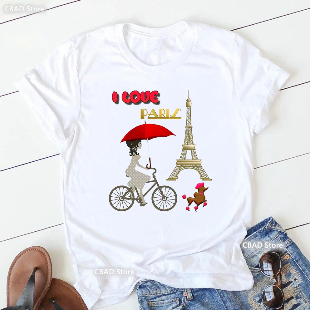 I Love Paris Eiffel Tower Poodle Print T Shirt Girls Cool French Design Fashion Tshirt Women Summer Short Sleeve T-Shirt Female