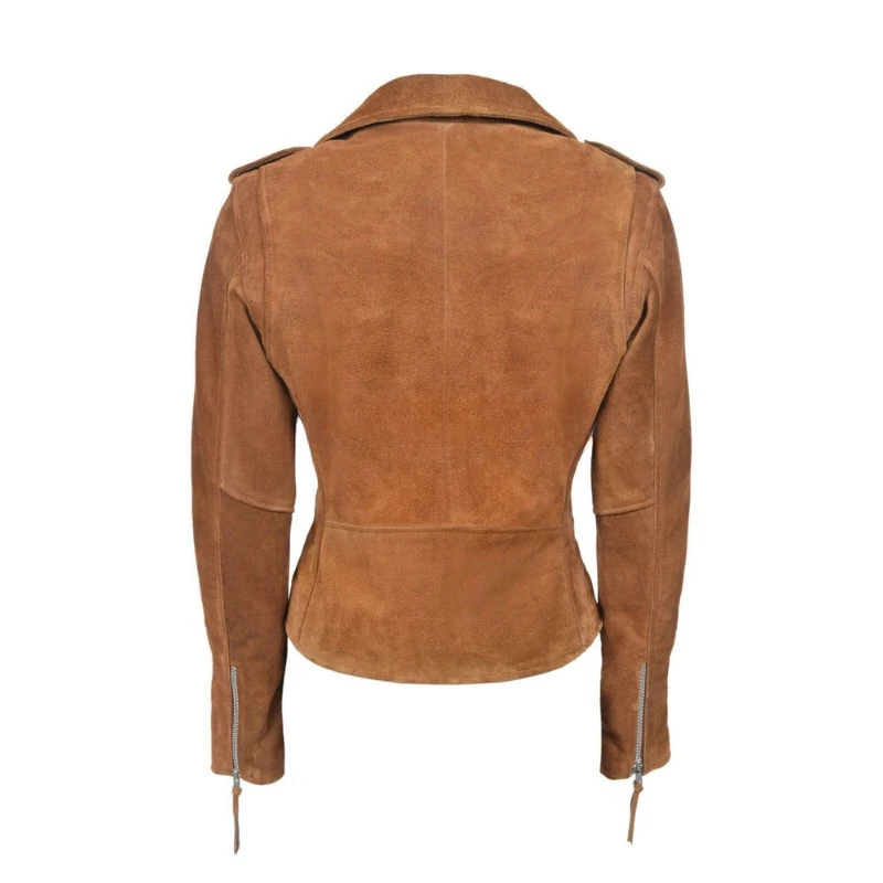 Jaqueta de couro genuíno puro feminino camurça, casaco motociclista cintado, Tan Design, artesanal