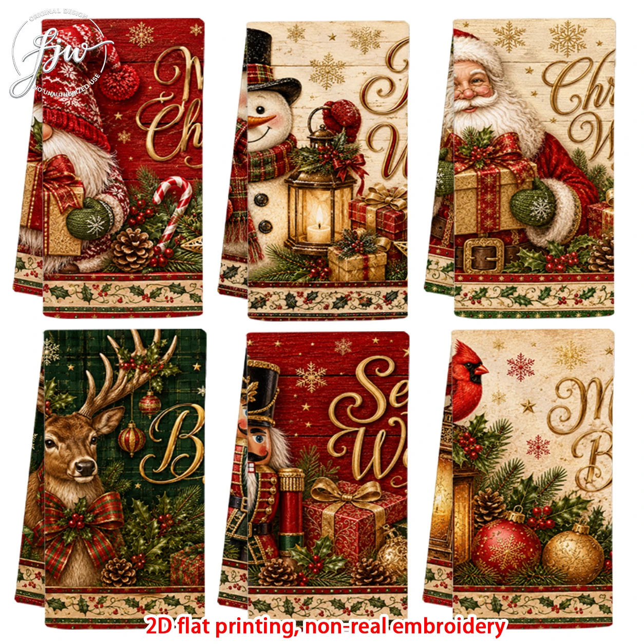 6pcs Vintage Christmas Kitchen Retro Xmas Gnome Santa Snowman Reindeer Decorative Dish Towels for Holiday Home Decor
