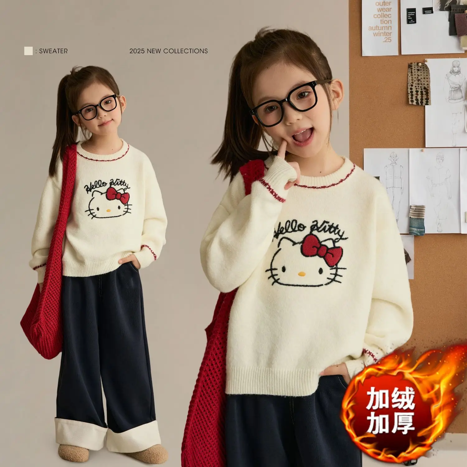 

Свитер Sanrio Hello Kitty для девочек, пуловер с рисунком Kt Cat, вязаный утепленный новый детский свитшот, осенне-зимние топы