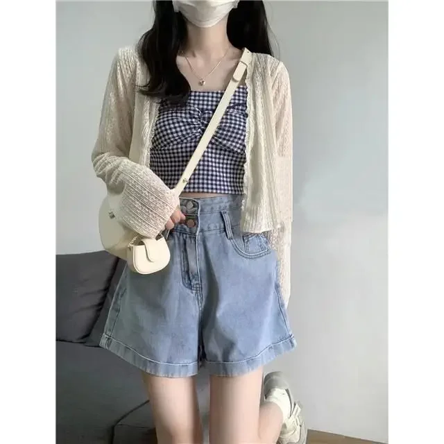 Small Set of Female Summer New Can Salt Can Sweet Spicy Girl Overlay Playful Sunscreen Three Pieces of Denim Shorts