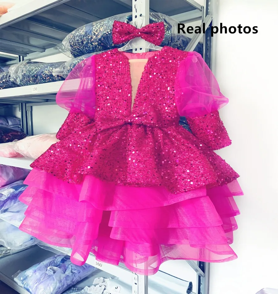 Gorgeous Children Baby Girl Puffy Gauze Dresses Birthday Elegant Princess Prom Dress for Kids Sequin Long Sleeve Ball Gown