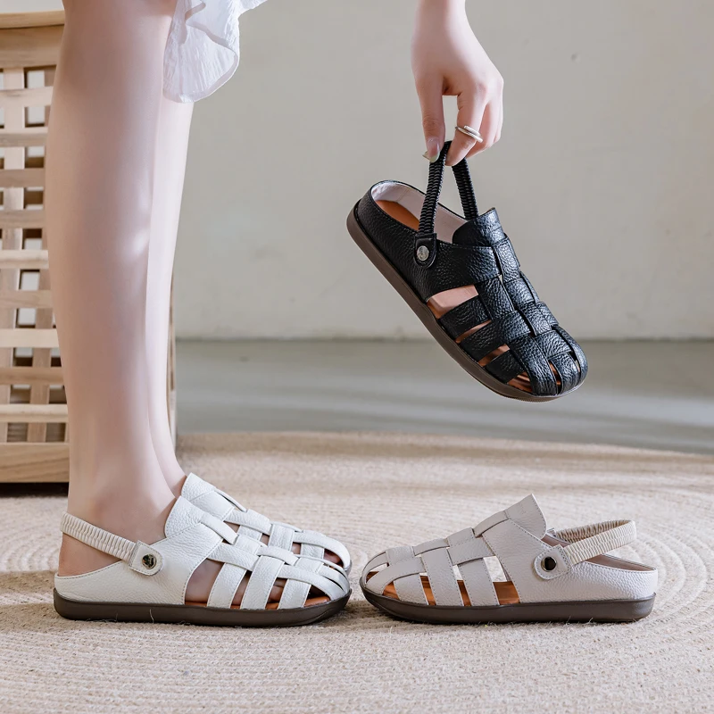 DIMANYU Summer Sandals Women's Flat 2025 New Woven Leather Women's Sandals Simple Retro Roman Cool Shoe Girl