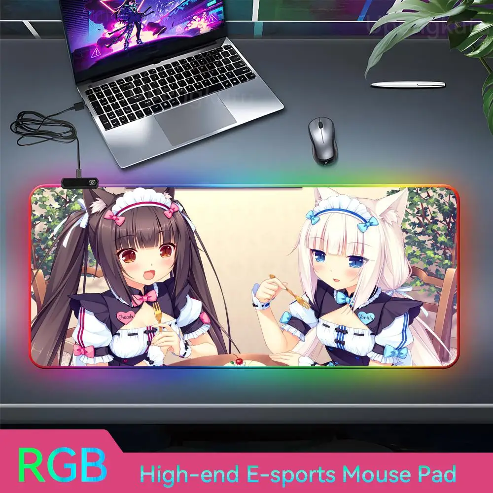 N_nekopara Mouse Pad Custom Desk Mat RGB Rubber Home Computer Mousepad Mouse Tapete Para Escritorio Pad LED Lamp Student Writing