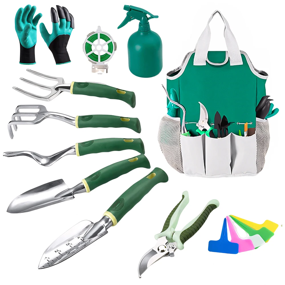 

16Pcs Green Heavy Duty Gardening Tool Set, Stainless Steel Garden Hand Tools Kit with Storage Tote Bag, Gardening Gifts for Women Men Beginner Gardener