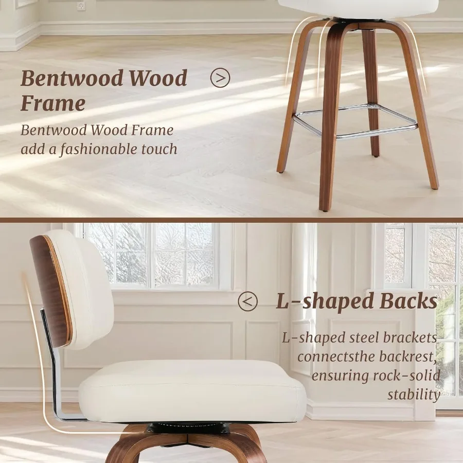 طقم كراسي بارتفاع دوار مكون من 2 26 مقعد منجد للبار مع أرجل خشب الجوز الخلفي من جلد البولي يوريثان في منتصف القرن St #6