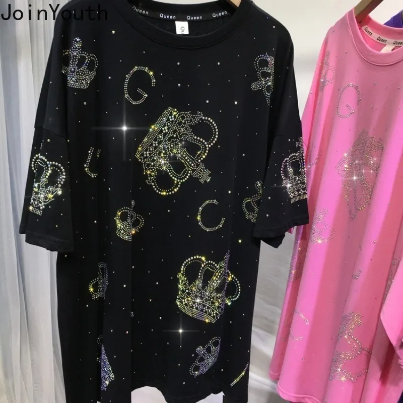 Harajuku Y2k koszulki letnie damskie modne diamentowe koszulki z okrągłym dekoltem z krótkim rękawem swetry typu oversize casualowe w stylu