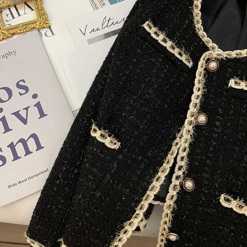 

Black Short Small Fragrance Jacket Women 2024 Spring Autumn New Coat Tweed Gold Thread Woven Overwear Casual Suit Jackets Female