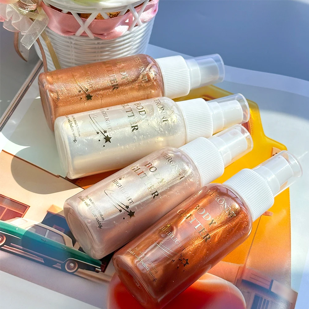 4色パールグリッタースプレーハイライターメイクアップ、ボディグリッタースプレーきらめく化粧品、顔、体、首に長持ちする輝き