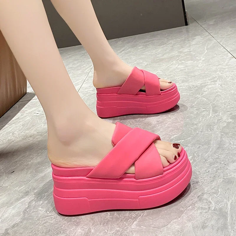 High Platform Slippers for Women Open Toe Leather Wedges Chunky Sandals New 2025 Summer Thick Bottom Female Beach Flip Flops 9CM