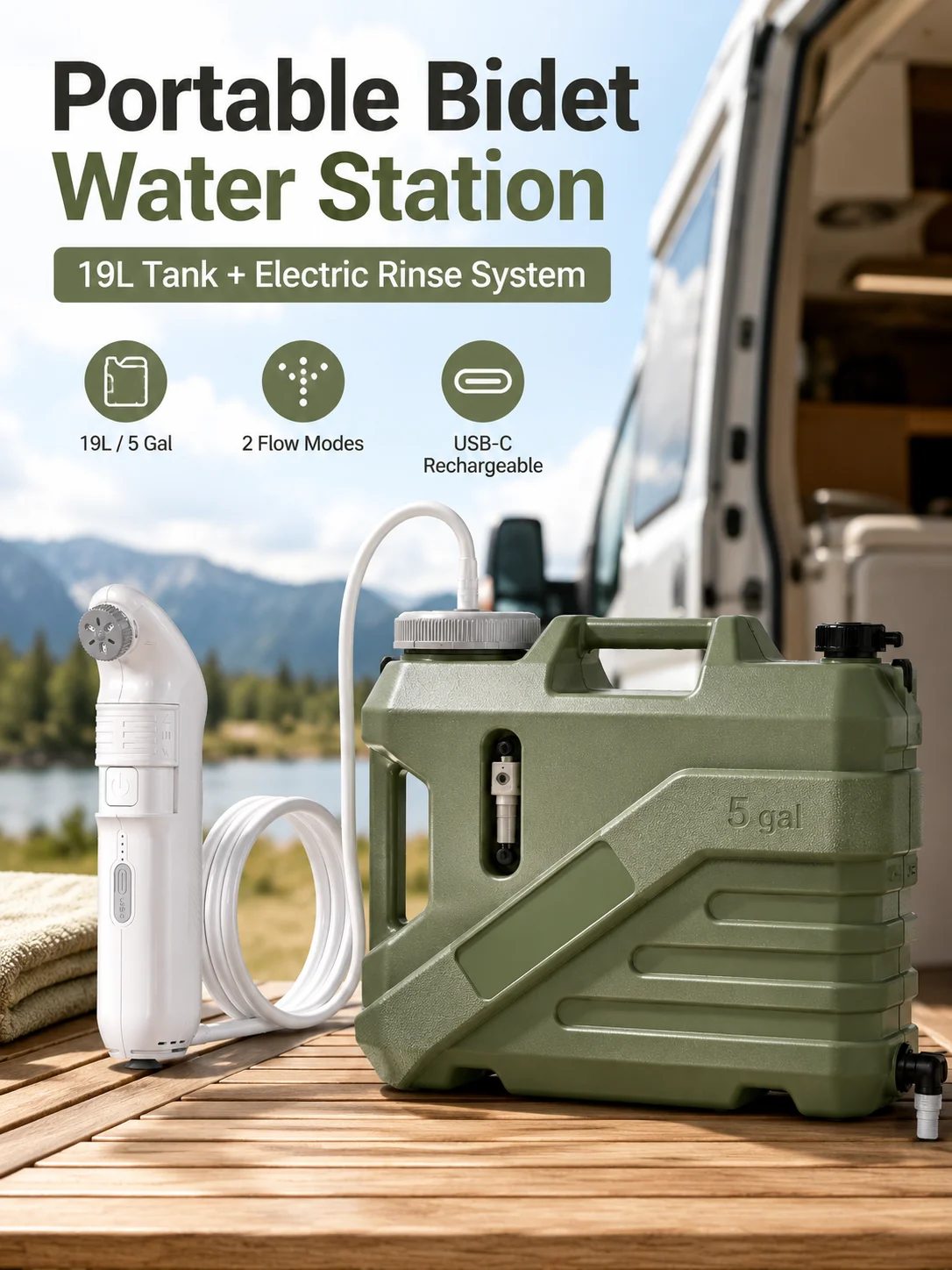 MintLeaf Electric Portable Bidet with 19L 5Gal Water Tank, USB-C Rechargeable IPX6 Dual Mode Travel Camping RV Outdoor Rinse Kit