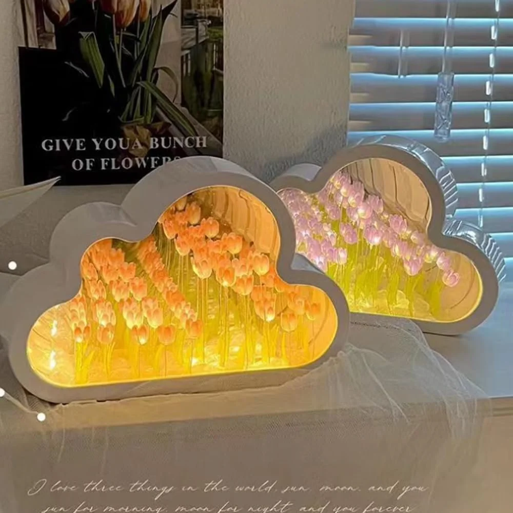 Forever Cloud espejo tulipanes DIY tulipán luz nocturna flor lámpara LED regalo de cumpleaños para niña amiga Día de San Valentín