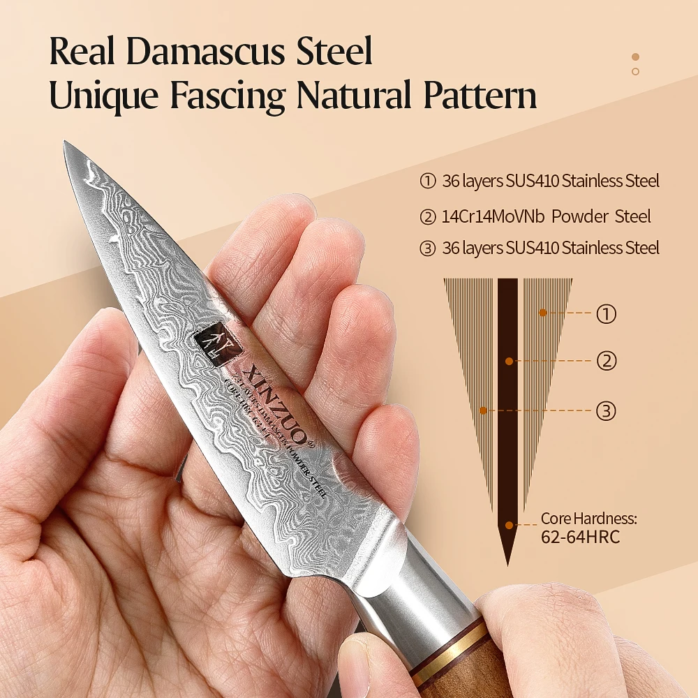 XINZUO 3.5\'\' Peeling Knife Damascus Steel Kitchen Fruit Knives Tools Power VG10 Core Razor Sharp Blade with Olive Wood Handle