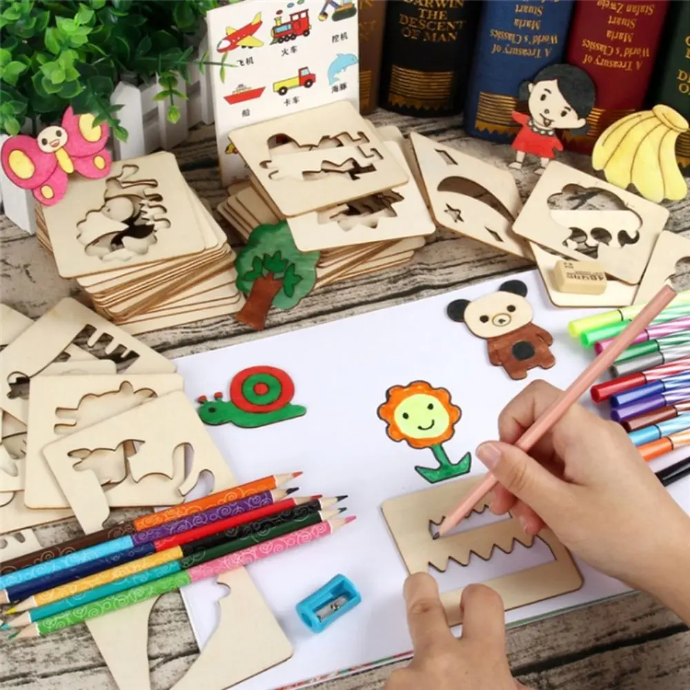 

Hands-on Creativity Wooden Painting Stencils Puzzle Painting Graffiti Kit Drawing Board Hollowed Out Template for 60Pcs/set