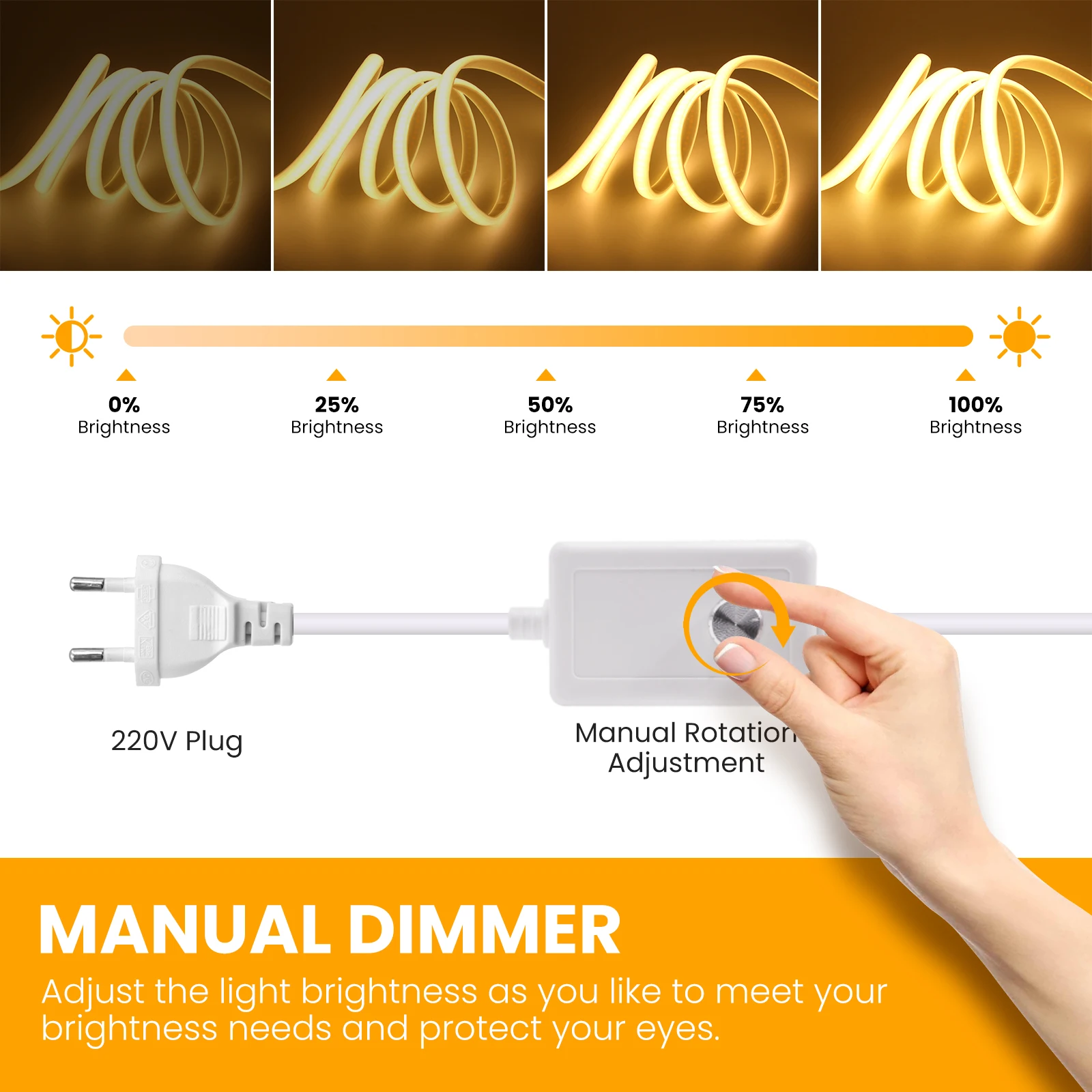 Super Bright Dimmable 220V COB LED Strip Light 288LEDs/m Flexible Outdoor Lamp RA90 Waterproof LED Tape Dimmer Switch Power Kit