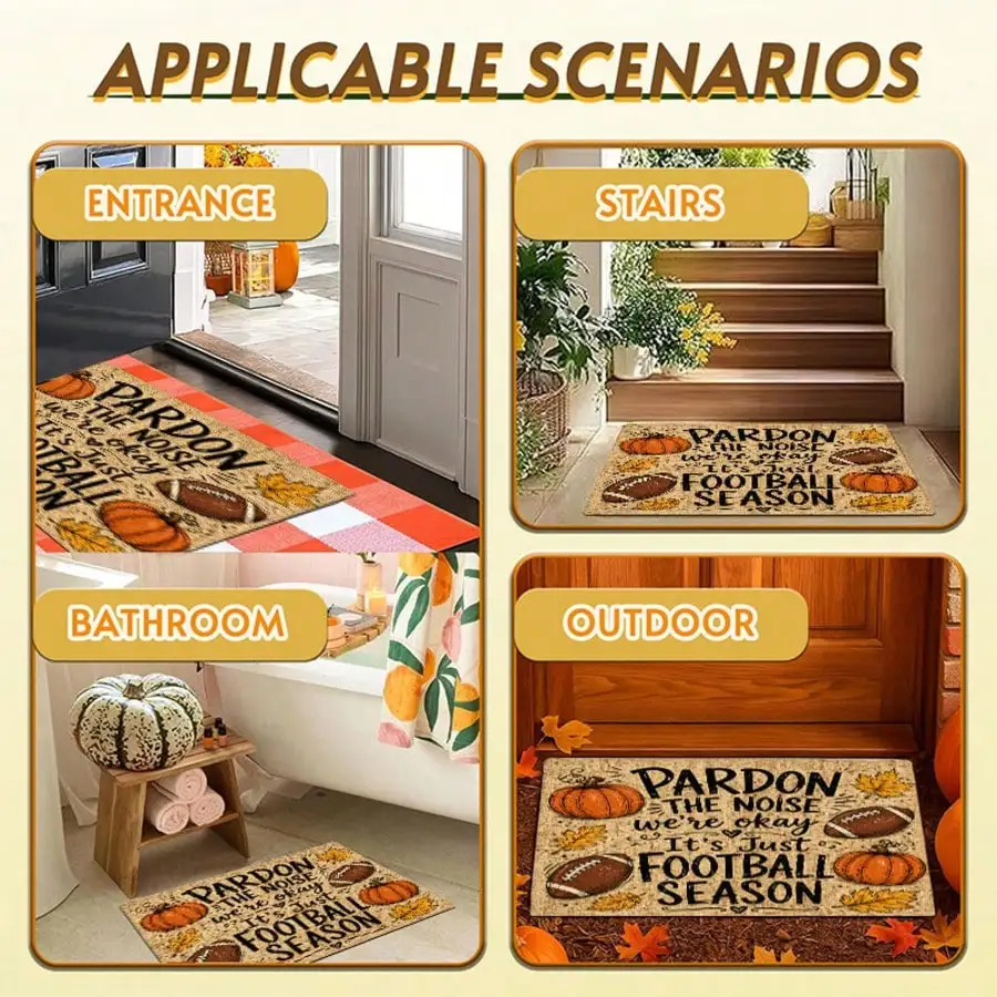 1 Piece Rectangular Welcome Mat, Fall Football Style Printed Pattern, Nonslip And Dirtproof Washable Mat, Flannel Material Is Soft, Comfortable And Easy To Clean, Suitable For Entrance Bathroom Kitchen RV Outdoor Decoration