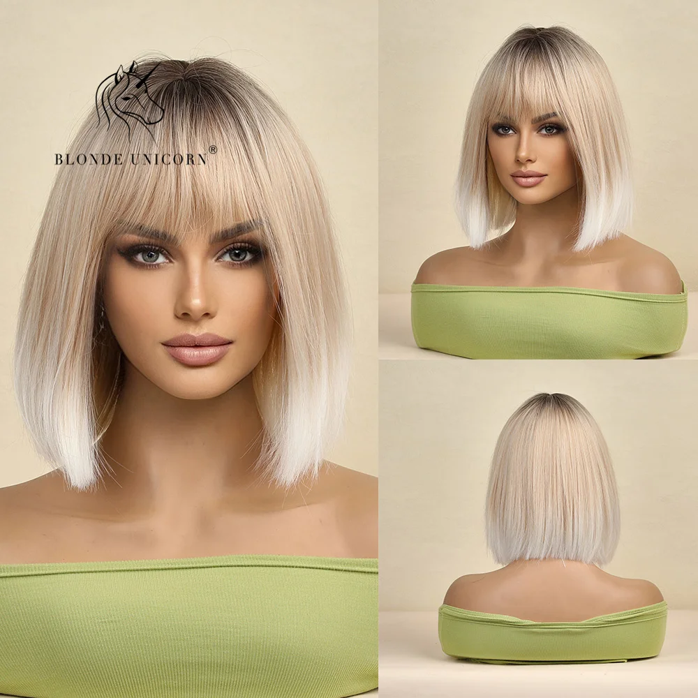 

BLONDE UNICORN Ombre Brown Blonde Wigs Synthetic Bob Wig For Women With Bangs Hairs High Temperature Fiber Strait Women Cospaly