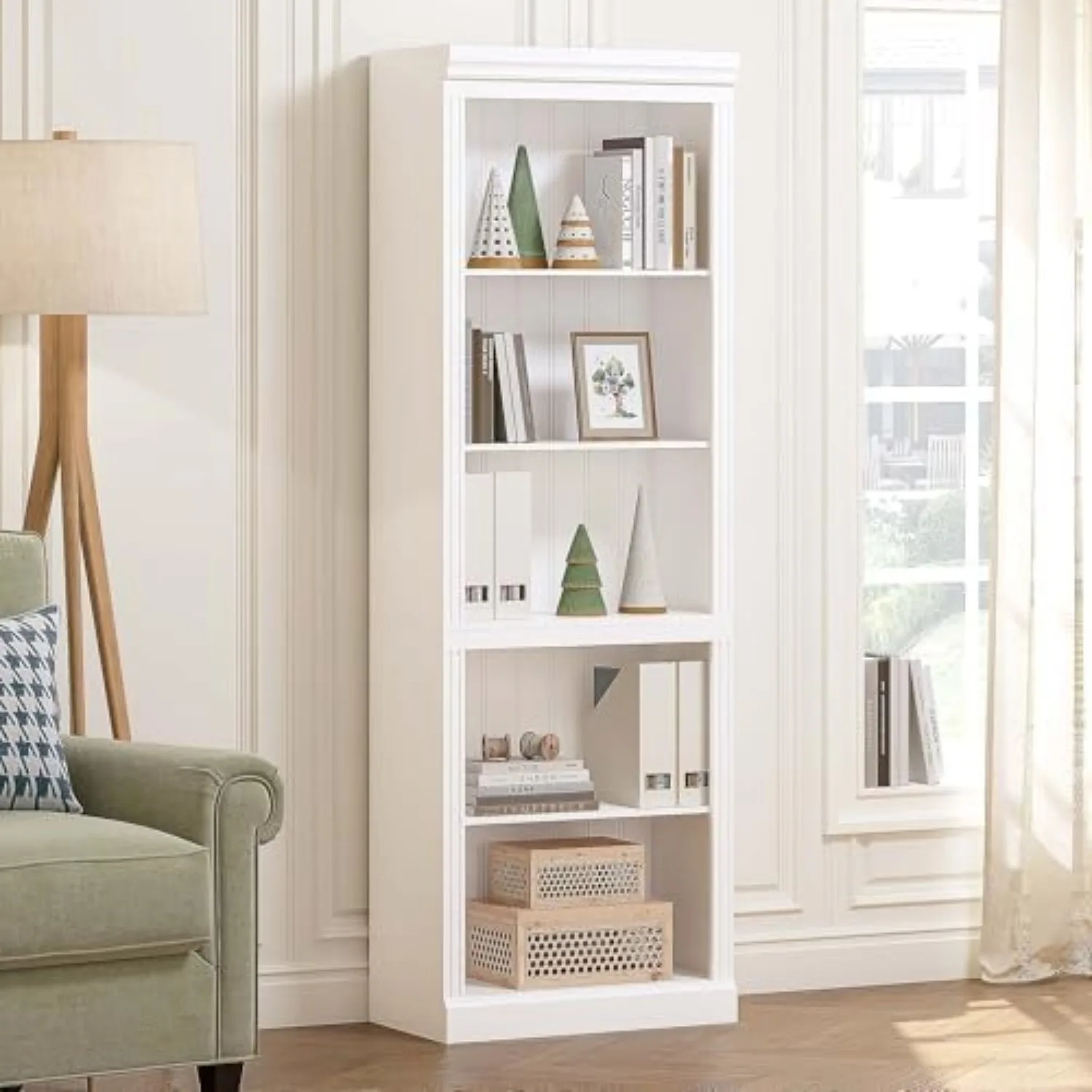 White Bookshelf, 5-Tier Tall Bookcase with Adjustable Shelves | 13.4-Inch Depth, Anti-Tip Device, Water-Based Finish