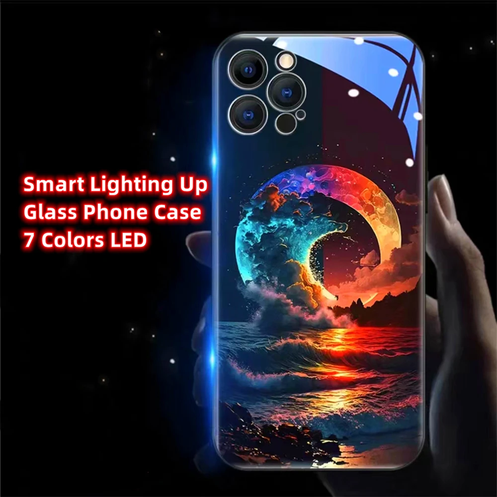 

Radiant Moonlight Ocean LED Light Glow Luminous Tempered Glass Phone Case For Samsung S24 S23 S22 S21 S20 FE Note 20 Plus Ultra