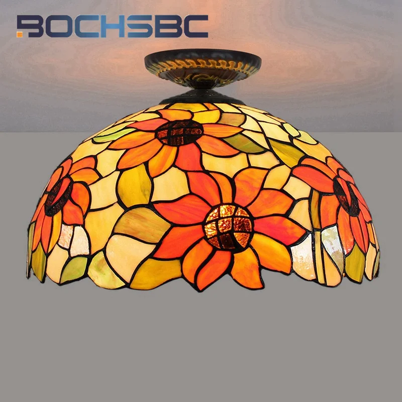 

BOCHSBC Tiffany style sunflower 16inch overhead light stained glass ceiling light dining room bedroom hallway corridor LED deco