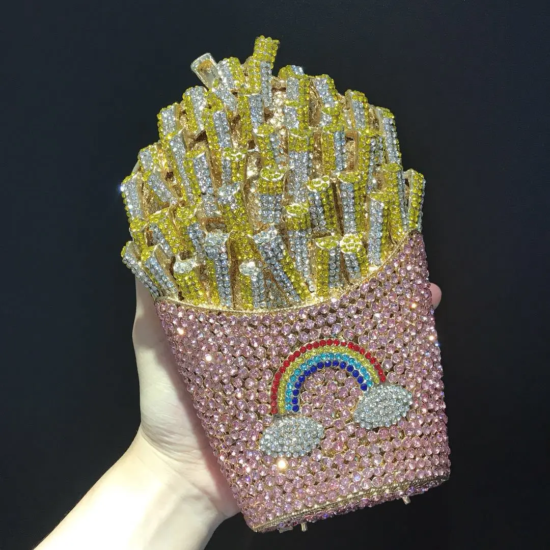 French Fries Women Unique Evening Bags Luxury Designer Handbags for Female 2024 Fancy Shiny Crystal Banquet Party Clutch Purse