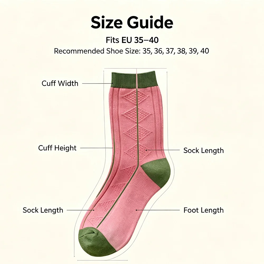 5 Pairs Women Socks Retro Twist Striped Knit Elastic Stretchy Cuff Pink Green Color Matching Casual Daily Crew Socks