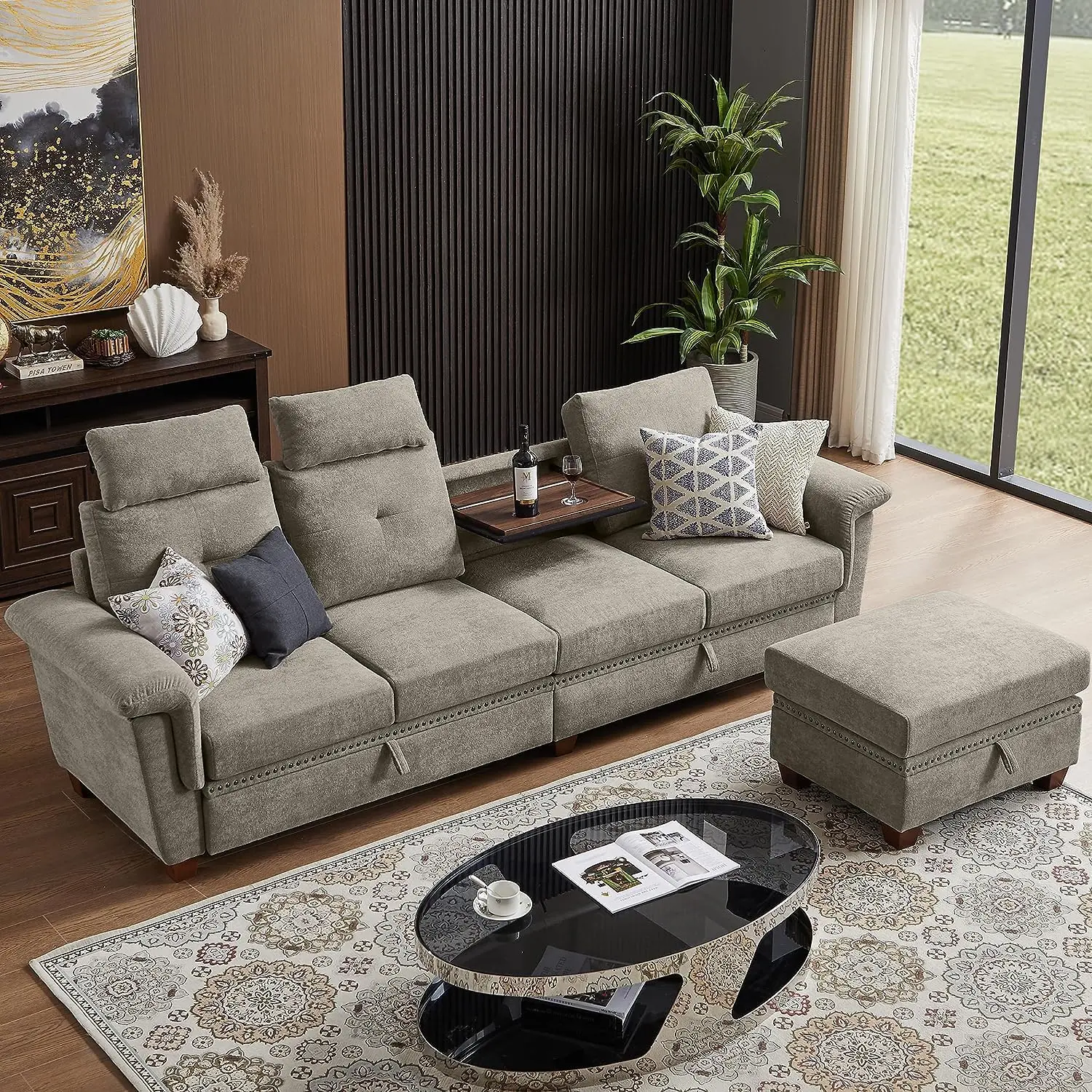 

Convertible Sectional Sofa with Storage,4 Seat L Shaped Couch with Chaise and Cup Holder, Modern Microfiber Fabric Sofas Couches