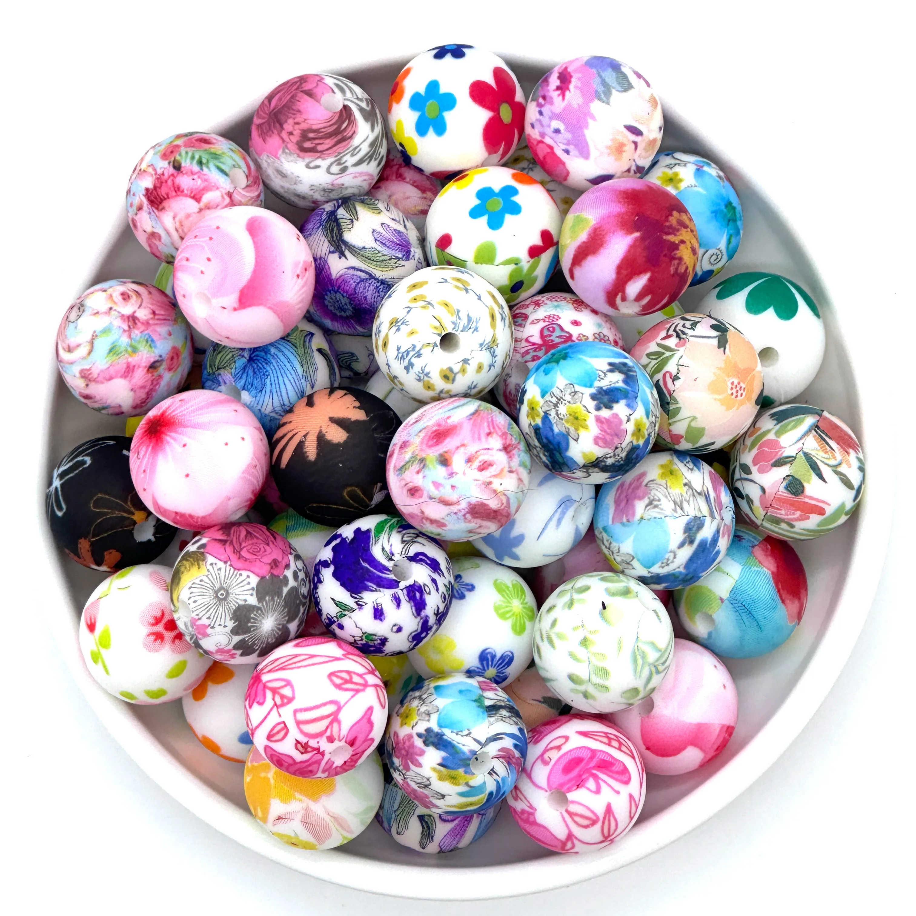 10 stuks 15 mm siliconen bedrukte kralen ronde bloemserie siliconen kralen DIY ketting plastic pen kraal sleutelhanger armband