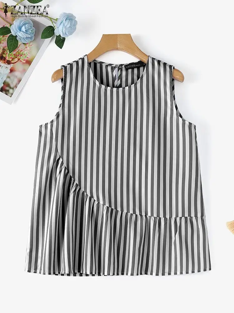 Summer Sleeveless Stripe Ruffles Camis Tops ZANZEA Women Tanks Tops Tee Casual Tunic Streetwear Blusas Oversized Women Clothing