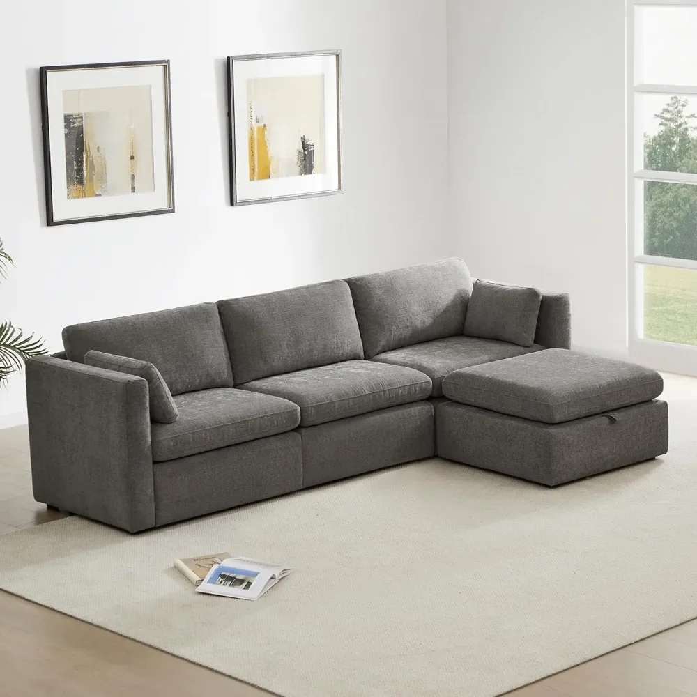 

Modular Sectional Fabric Sofa Set with Reversible Chaise, 112 Inch Width, 4 Seat Modular Sofa with Storage Ottoman