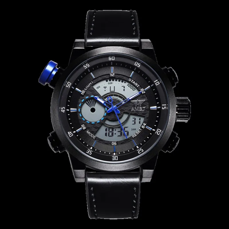 Quartz Watch men dual Japan movement sports LED dual display military watches leather strap waterproof male clock AMST 3013