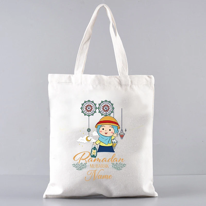 Personalized Name Canvas Tote Bag Cartoon Ramadan Kareem Gift Shopping Bag Eid Mubarak Gifts Islamic Gift Muslim Id Al Fitr Bag