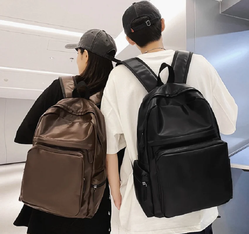 New Korean Men Women Large Capacity Laptop School Bag Soft Leather Double Zipper Shoulder Bags Casual Travel Backpack Totes