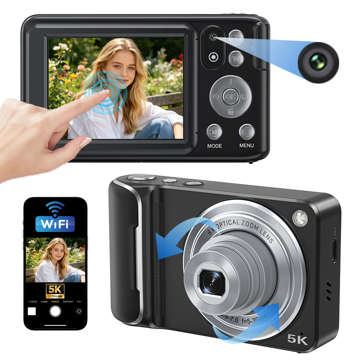 5K&64MP Resolution 6X Extendable Optical Zoom Lens Digital Camera Touch Screen Front/Rear Dual Camera WIFI Vlog Image Camera