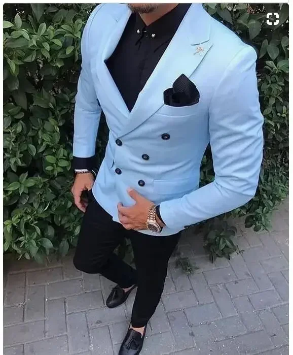 

Sky Blue Men Suit Causal Double Breasted Blazer Sets Slim Fit 2 Piece Prom Tuxedo Custom Groom Wedding Suits For Men Jacket+Pant