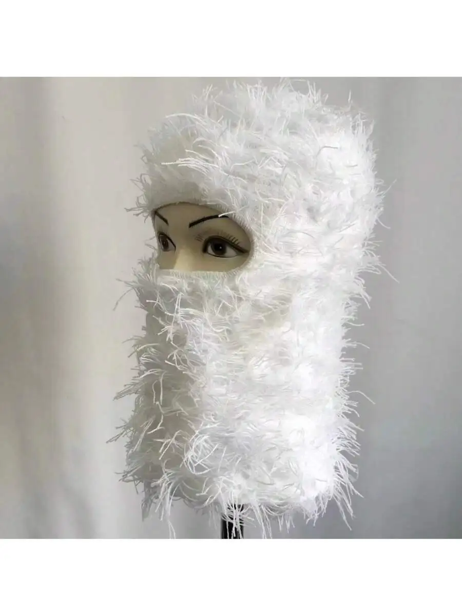

White Faux Fur Balaclava Hat Single Hole Knitted Face Mask Warm Outdoor Party Costume